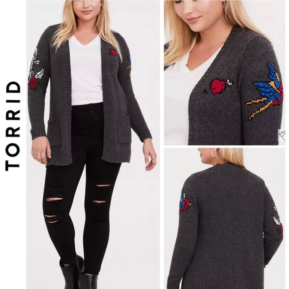 Torrid Dark Grey Tattoo Intarsia Art Open Front Cardigan size 1 / 14-16/ 1X - Picture 1 of 14